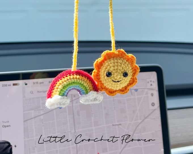 Sun and Rainbow Car Mirror Hanging, Crochet Rainbow, Knitted Sun