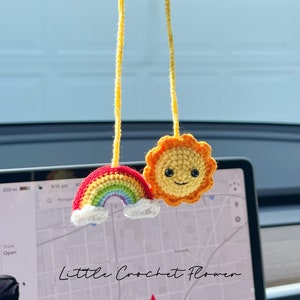 sun and rainbow car mirror hanging, Crochet rainbow, Knitted sun, Handmade car charm, Crochet Gift Idea, Gift For Her, car decorations