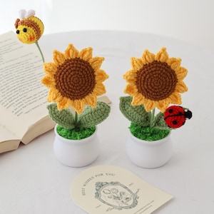Crochet sunflower in pot handmade personalized gift for mother home decor desk decor knitted sunflowers with bee birthday gift for her