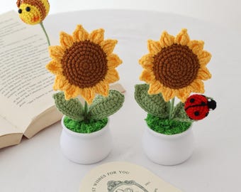 Crochet sunflower in pot handmade personalized gift for mother home decor desk decor knitted sunflowers with bee birthday gift for her