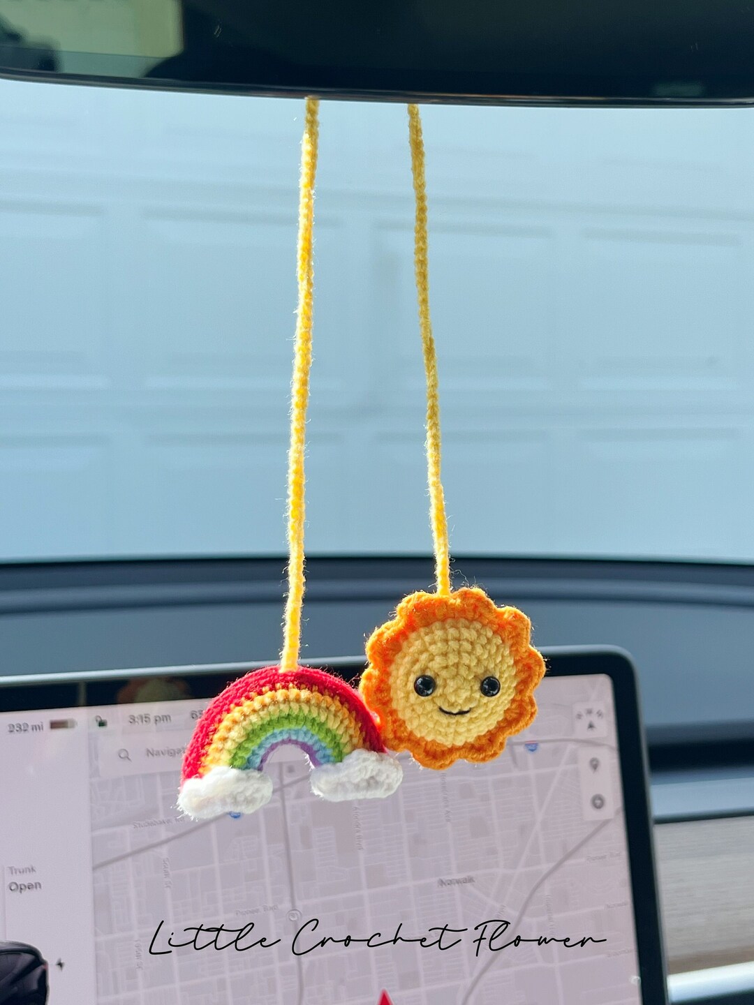 Sun and Rainbow Car Mirror Hanging, Crochet Rainbow, Knitted Sun