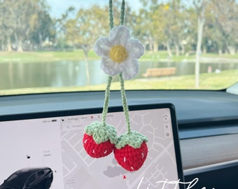 Strawberry car mirror hanging accessories,Crochet strawberry, new car gift, Cute Car Accessories, Customize Car Decoration,Crochet Gift Idea