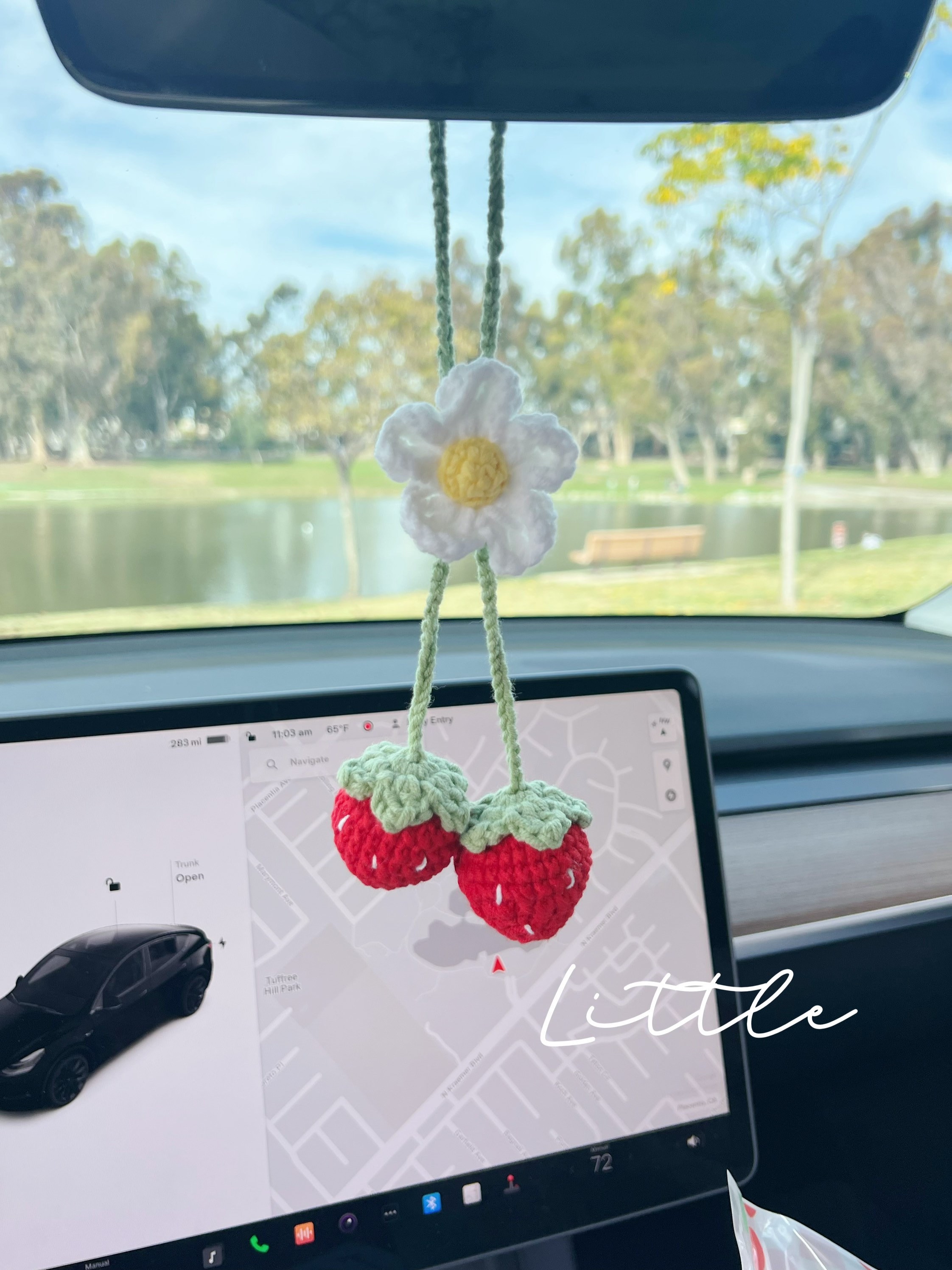 Crochet Strawberry Plant Car Mirror Hanging, Cute Car Accessories for Women