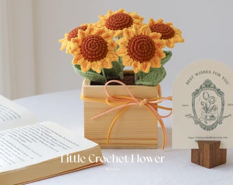 Caja de regalo de girasoles de crochet: arreglo floral de hilo hecho a mano en maceta de madera, ideal como regalo de graduación, Día de la Madre o cumpleaños.