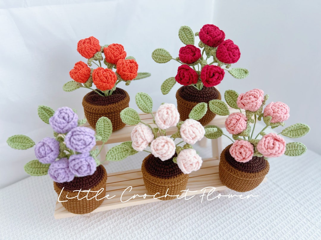 Crochet Mini Rose in the Pot, Hand Made Personalized Gift, Desk ...