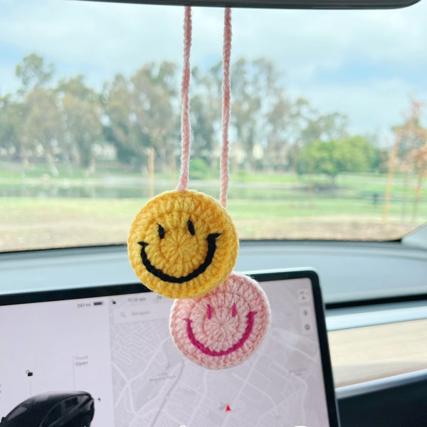 happy face car mirror hanging accessories, Crochet smile face, Handmade happy face, Crochet Gift Idea, Gift For Her, car decorations
