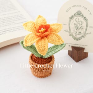 K&ouml;nnte beinhalten: Geh&auml;kelte Narzissenblume in einem kleinen braunen Topf. Die Blume hat gelbe Bl&uuml;tenbl&auml;tter mit einem orangefarbenen Zentrum und gr&uuml;nen Bl&auml;ttern. Der Text "Little Crochet Flower" ist sichtbar.
