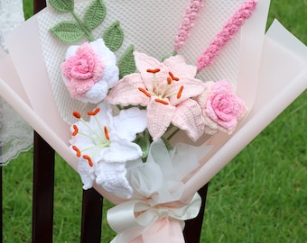 Crochet Lily bouquet, flower bouquet, hand made, gift for teacher, grandma, mom, friends, home decoration, knitted flower, birthday gift
