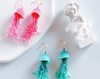 Micro Crochet jellyfish dangle earrings, handmade earrings, Gift For Her/14 k GOLD handmade jewelry/summer earrings, jellyfish earrings