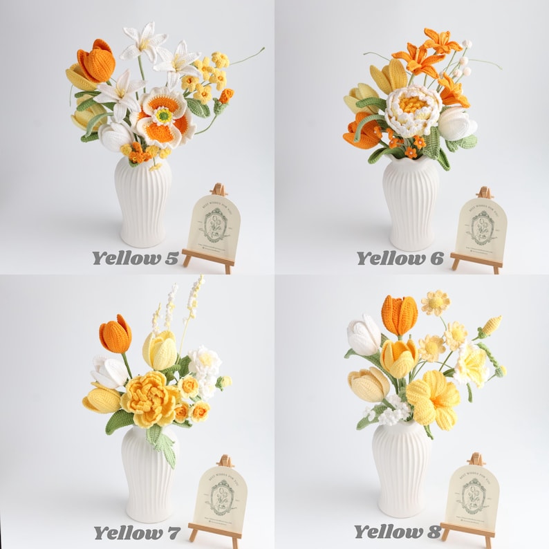 May include: Four arrangements of crocheted flowers in white fluted vases, labeled Yellow 5 through Yellow 8. Each bouquet features various shades of yellow, orange, and white yarn blossoms with green stems, accompanied by a small wooden easel sign.