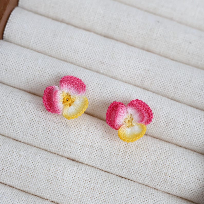 Micro Crochet pansy stud earrings, handmade earrings/Gift For Her/14 k GOLD handmade jewelry/ flower earrings, gift for mom pink stud earrings