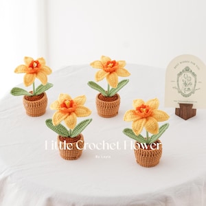 K&ouml;nnte beinhalten: Geh&auml;kelte Narzissenbl&uuml;ten in kleinen braunen T&ouml;pfen. Die Bl&uuml;ten haben gelbe Bl&uuml;tenbl&auml;tter und orangefarbene Zentren mit gr&uuml;nen Bl&auml;ttern. Der Text "Little Crochet Flower" ist sichtbar. Eine Karte mit dem Text "Best Wishes For You" ist ebenfalls vorhanden.