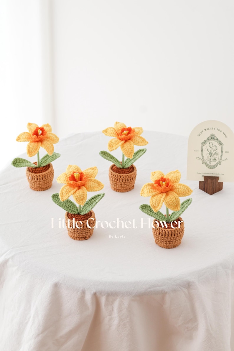 K&ouml;nnte beinhalten: Geh&auml;kelte Narzissenbl&uuml;ten in kleinen braunen T&ouml;pfen. Die Bl&uuml;ten haben gelbe Bl&uuml;tenbl&auml;tter und orangefarbene Zentren mit gr&uuml;nen Bl&auml;ttern. Der Text "Little Crochet Flower" ist sichtbar. Eine Karte mit dem Text "Best Wishes For You" ist ebenfalls vorhanden.