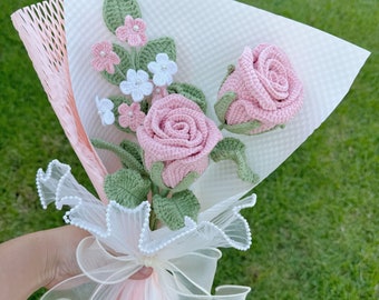 Bouquet Di Fiori All'Uncinetto Fatto A Mano – Rose E Foglie Di Eucalipto – Regalo Eterno Per Matrimonio, Laurea, Anniversario (Rosa)