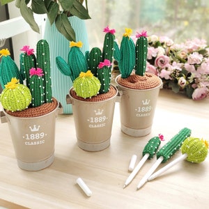 Crochet cactus pen holder for desk, cactus mushrooms , included 3 pens, hand made, personalized gift for girl friend, office desk decoration