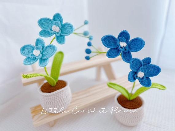 かぎ針編みの花 鉢植え 白い蘭 造花 編み花 手作りの花 自宅 部屋