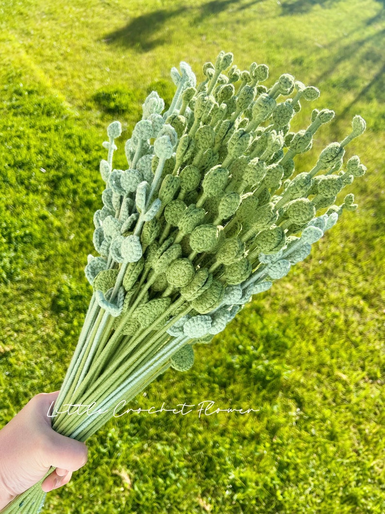 May include: A bundle of handmade crochet flowers in various shades of green. The flowers have a textured, detailed appearance, with small, round buds at the tips of the stems. The stems are tightly bound together, and the background is a blurred green lawn. The text "Little Crochet Flower" is visible.