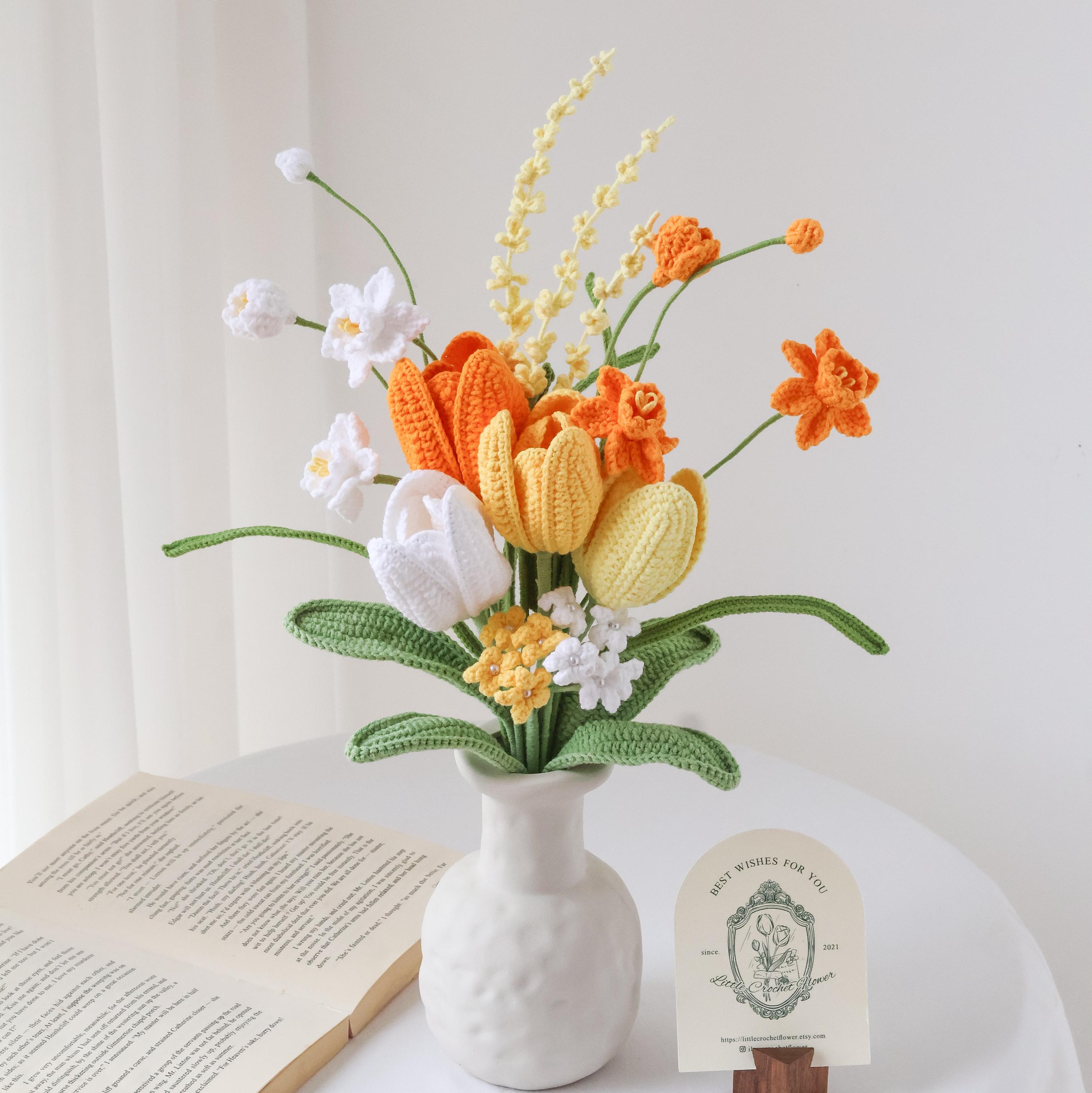 Ramo De 6 Tulipanes De Ganchillo Hechos A Mano - Flores Artificiales De Algodón Con Tallos Flexibles - Multicolor - Decoración Para Jarrón