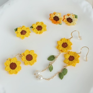 Micro Crochet sunflower stud earrings, handmade earrings/Gift For Her/14 k GOLD handmade jewelry/summer fruit earrings, gift for mom