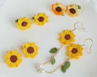 Micro Crochet sunflower stud earrings, handmade earrings/Gift For Her/14 k GOLD handmade jewelry/summer fruit earrings, gift for mom