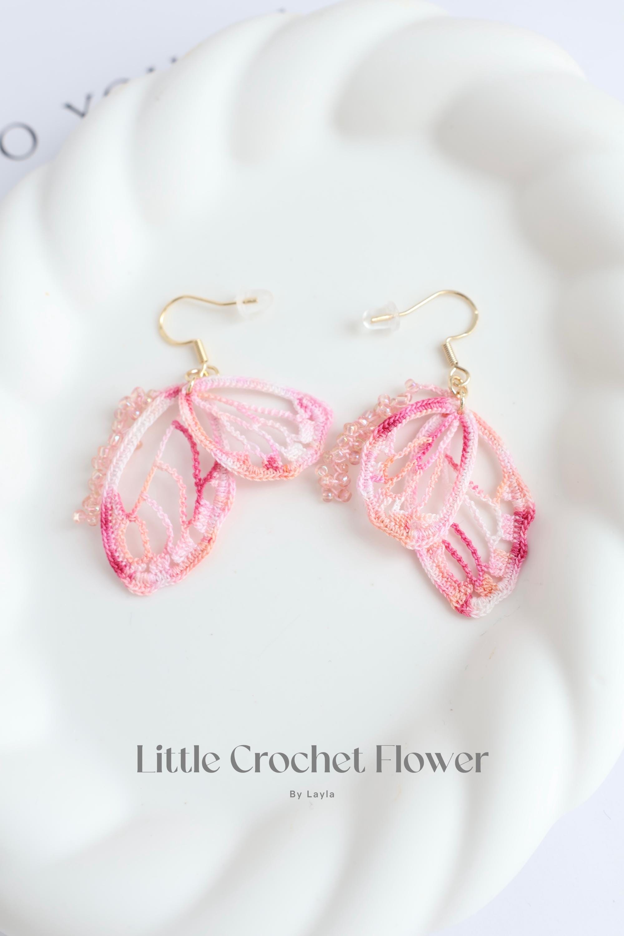 Butterfly Wing Crochet Earrings Pastel Lace Dangle Earrings with Beads Lightweight Handmade Jewelry 14K Gold Hooks  Gift for Her