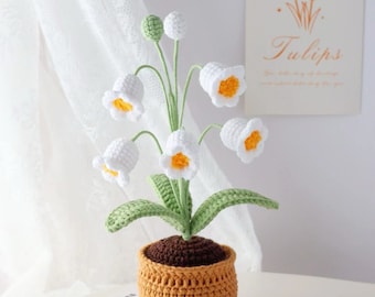 Crochet Flowers in Pot Artificial Lily of The Valley Flowers Knitted Flower Bouquet Handmade flowers for Home Room Office Car Decoration