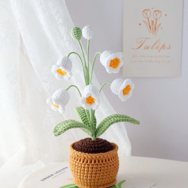 Crochet Flowers in Pot Artificial Lily of The Valley Flowers Knitted Flower Bouquet Handmade flowers for Home Room Office Car Decoration