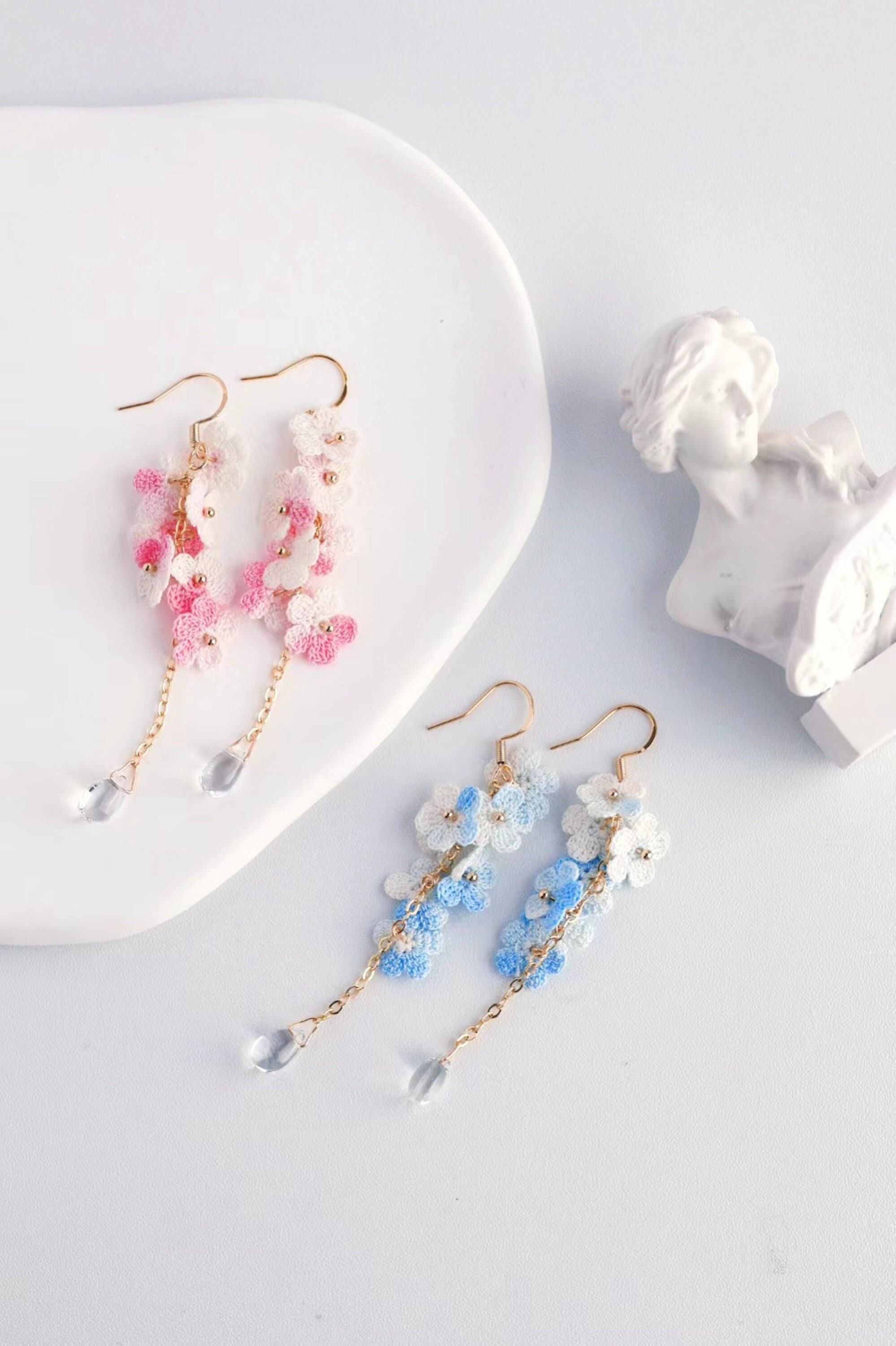 Micro Crochet Pink Flower Dangle Earrings,handmade Earrings/gift