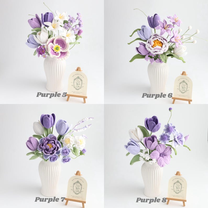 May include: Four arrangements of crocheted flowers in white ribbed vases. Each bouquet features various shades of purple, lavender, and white blossoms, including tulips and peonies. Small wooden easels display cards labeled Purple 5, 6, 7, and 8.