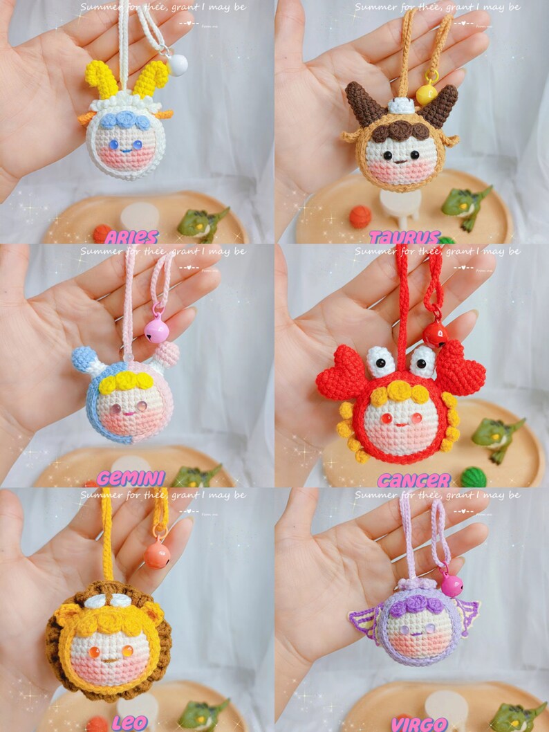 Puede incluir: Llaveros de animales del zod&iacute;aco tejidos a crochet con una linda carita de dibujos animados. Los llaveros est&aacute;n en los colores de cada signo del zod&iacute;aco: Aries (blanco), Tauro (marr&oacute;n), G&eacute;minis (azul), C&aacute;ncer (rojo), Leo (amarillo) y Virgo (morado).