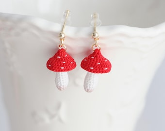 Crochet Fruit Earrings - Handmade Micro Crochet Stud Earrings, Strawberry, Avocado, Mushroom, Cute Kawaii Earrings, Gift for Her