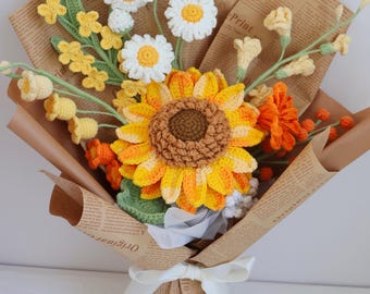 Crochet flower bouquet, hand made, personalized gift for mother, graduation, home decoration, crochet sunflower bouquet, finished crochet