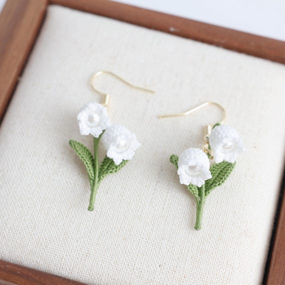 Micro Crochet Lily of the Valley Dangle Earrings Handmade Floral