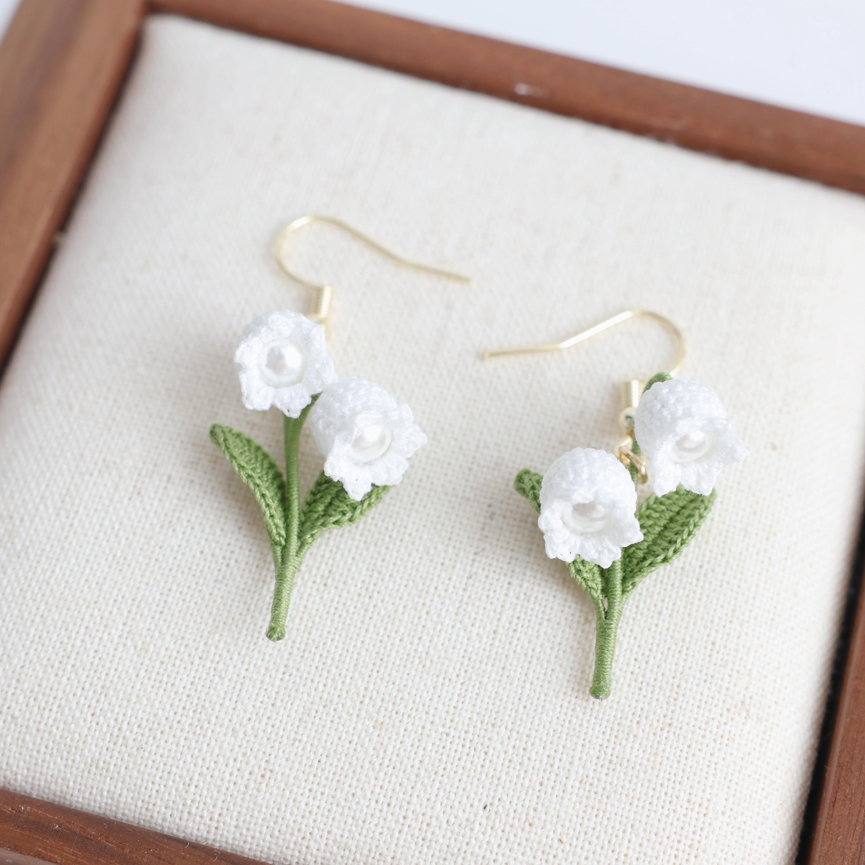 Micro Crochet Lily of the Valley Dangle Earrings Handmade Floral