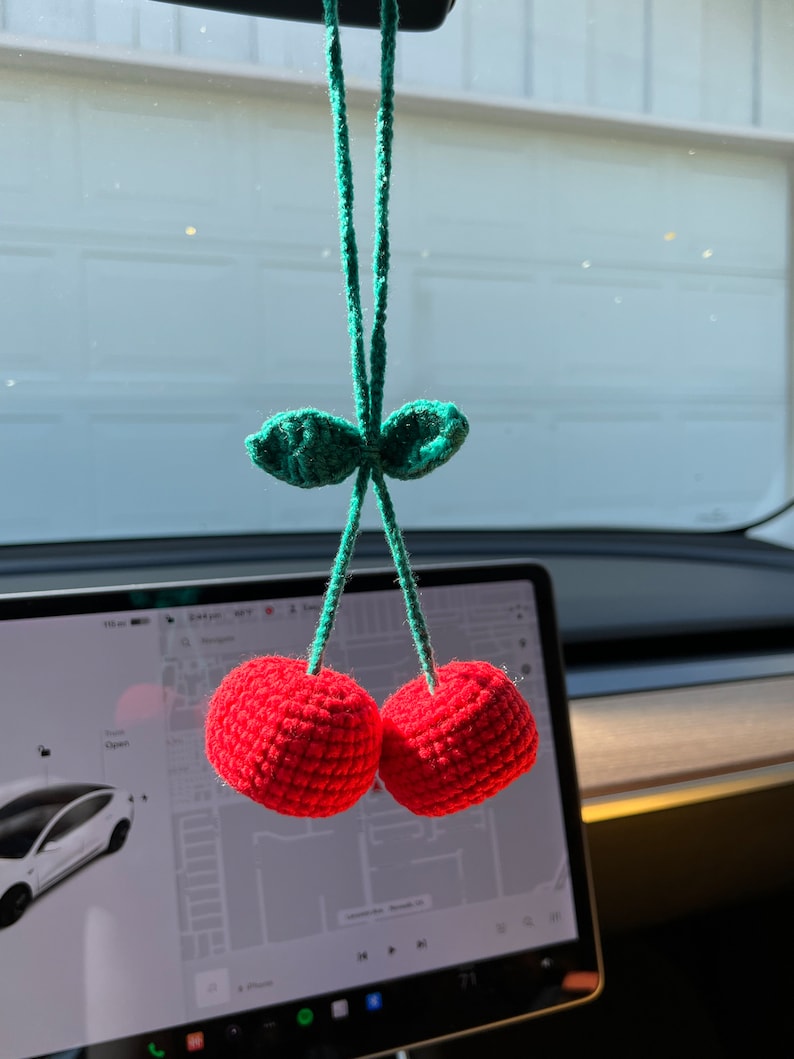 Cherry Car Mirror Hanging Accessories Crochet Cherry Knitted Etsy