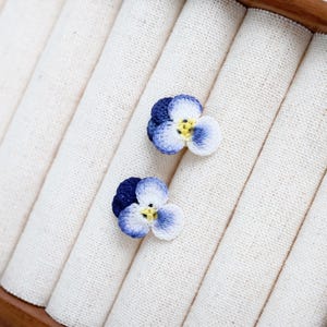 Micro Crochet pansy stud earrings, handmade earrings/Gift For Her/14 k GOLD handmade jewelry/ flower earrings, gift for mom image 7