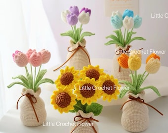 Crochet flower in pot, hand made, personalized gift for teacher, home decoration, pink tulip,  desk decoration, tulip in pot, tulip bouquet