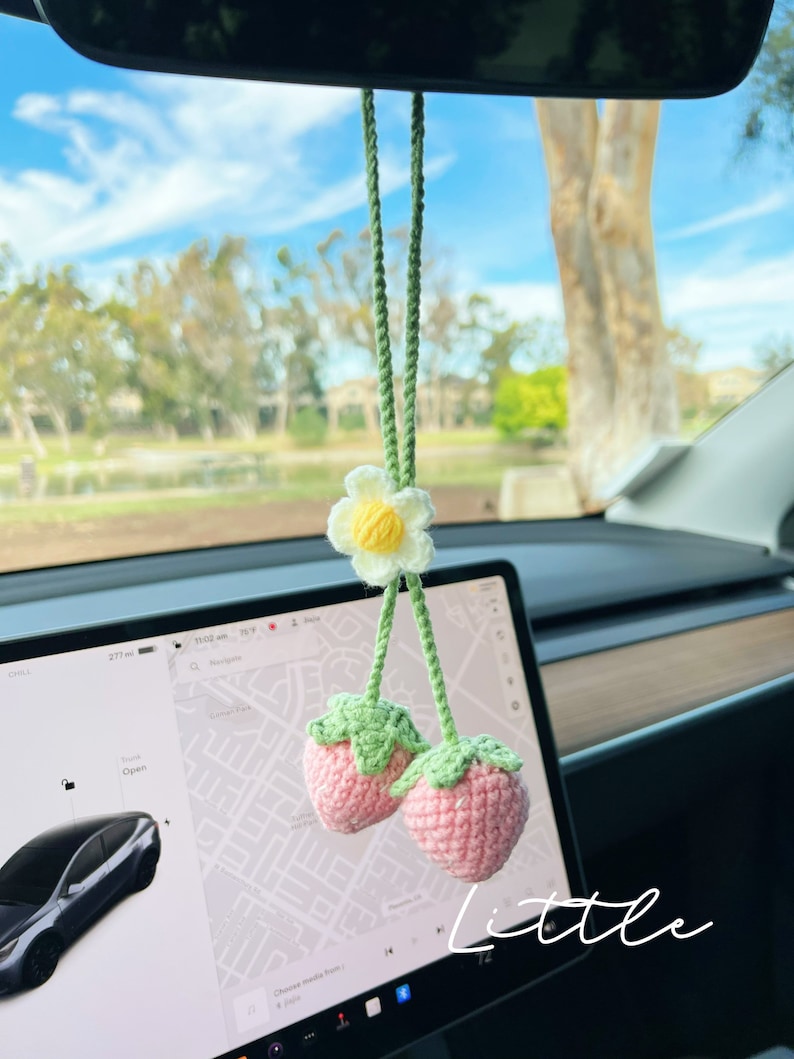 Strawberry Car Mirror Hanging Accessories Crochet Strawberry Etsy