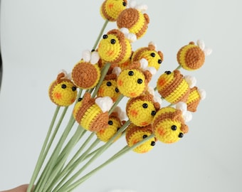 handmade crochet bee gift decor bumblebee decor handmade plush bee handmade home accent whimsical bee decor bee flower sticks bee stems
