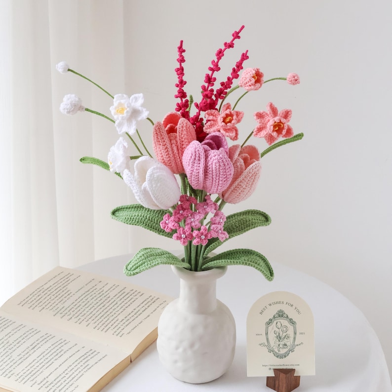 Crochet Flower Bouquet, Tulip, Lavender Knitted Flowers, Handmade Floral Gift for Mother, Graduation, Home Decor, Custom Flower Arrangement fuchsia lavender