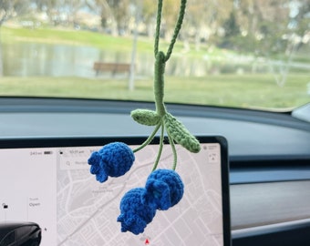 May include: A crocheted blueberry flower hanging from a rearview mirror in a car. The flower is blue and green and has the text "Little Crochet Flower" on the screen.