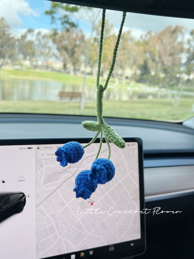 K&ouml;nnte beinhalten: Eine geh&auml;kelte Heidelbeerbl&uuml;te, die an einem R&uuml;ckspiegel in einem Auto h&auml;ngt. Die Blume ist blau und gr&uuml;n und hat den Text "Little Crochet Flower" auf dem Bildschirm.