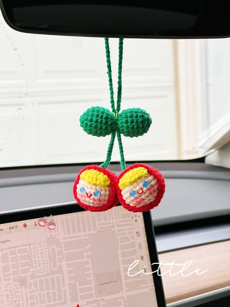 Cherry Car Mirror Hanging Accessories Crochet Cherry Knitted Etsy