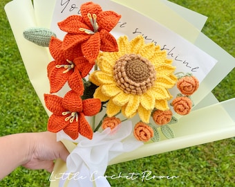 Crochet flower bouquet, hand made, personalized gift for mother, graduation,home decoration,tulip flower, crochet sunflower,finished crochet