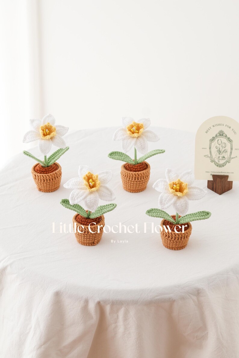 K&ouml;nnte beinhalten: F&uuml;nf handgeh&auml;kelte Narzissenbl&uuml;ten in kleinen braunen T&ouml;pfen. Jede Blume hat wei&szlig;e Bl&uuml;tenbl&auml;tter mit gelber Mitte und gr&uuml;ne Bl&auml;tter. Der Text "Little Crochet Flower" steht unter den Blumen.