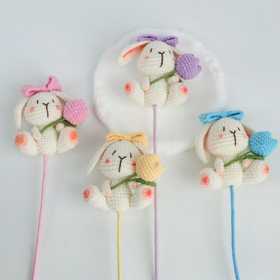 Crochet Bunny Doll and Flower Fairy – Handmade Bouquet Add-on | Cute Amigurumi Accessory | Crochet Plush Stick Decoration | Gift for Her