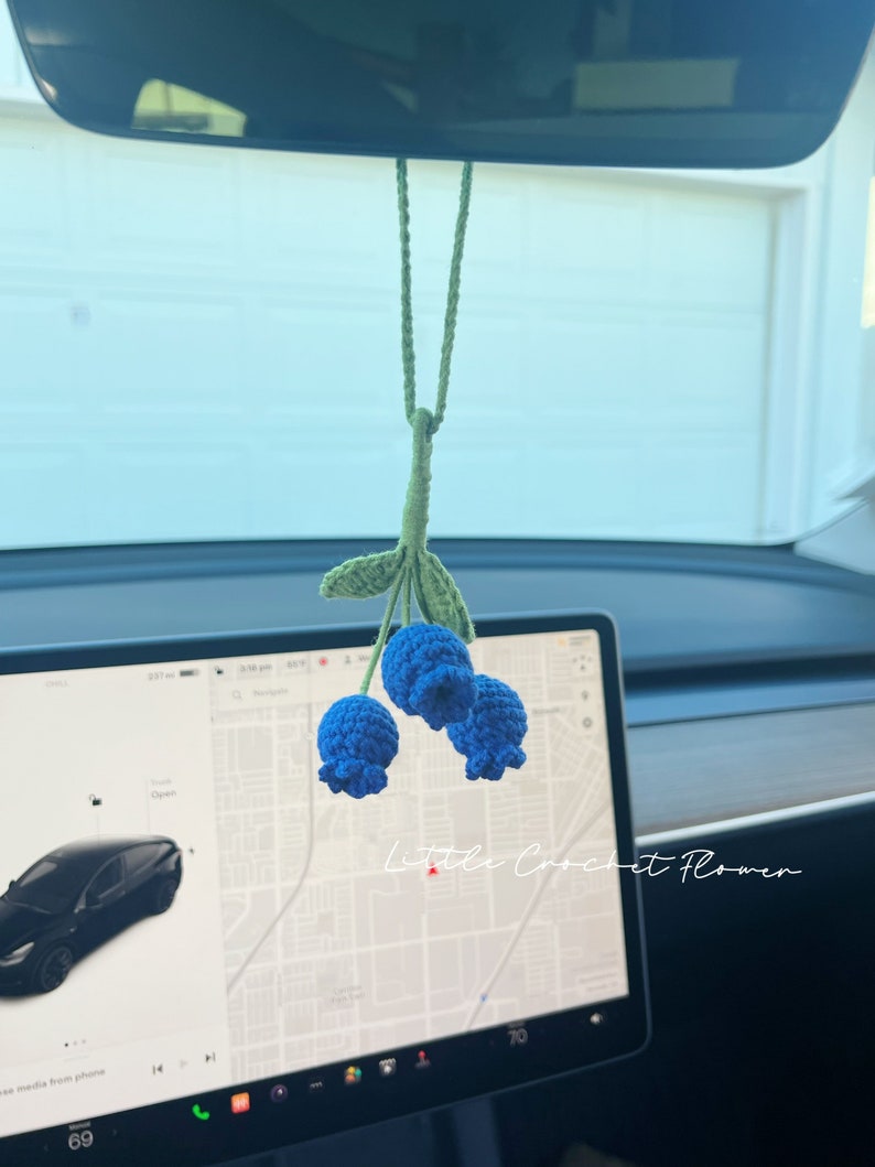 K&ouml;nnte beinhalten: Ein blauer und gr&uuml;ner geh&auml;kelter Blaubeer-Anh&auml;nger, der an einem R&uuml;ckspiegel in einem Auto h&auml;ngt. Der Anh&auml;nger ist an einer gr&uuml;nen Schnur befestigt. Der Text "Little Crochet Flower" ist auf dem Bild zu sehen.