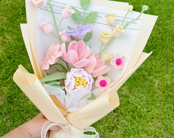 Crochet peony bouquet,  hand made, personalized gift for girl friend, home decoration, knitted Rose flower, forever flower, tulip bouquet