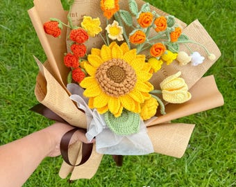 Crochet flower bouquet, hand made, personalized gift for mother, graduation,home decoration,tulip flower, crochet sunflower,finished crochet