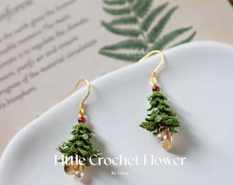 Micro Crochet Christmas tree dangle earrings, handmade earrings/Gift For Her/14 k GOLD handmade jewelry/ Christmas earrings, gift for mom